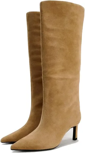 YIYA Women's Camel Suede Wide Calf Knee High Boots for Fall Pointed Toe Stiletto Kitten High Heels Stylish Party Dress Long Pull On Boots