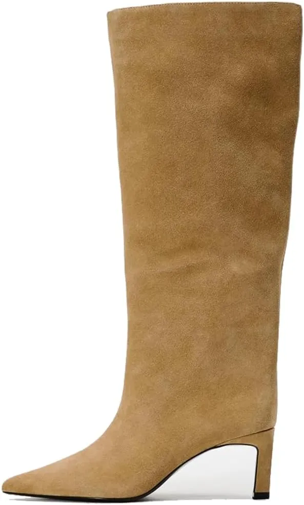 YIYA Women's Camel Suede Wide Calf Knee High Boots for Fall Pointed Toe Stiletto Kitten High Heels Stylish Party Dress Long Pull On Boots