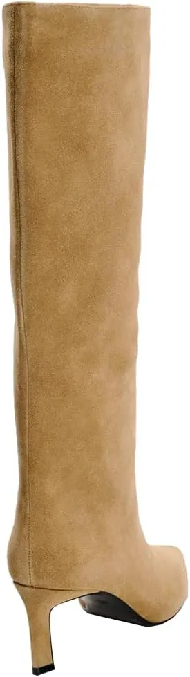 YIYA Women's Camel Suede Wide Calf Knee High Boots for Fall Pointed Toe Stiletto Kitten High Heels Stylish Party Dress Long Pull On Boots