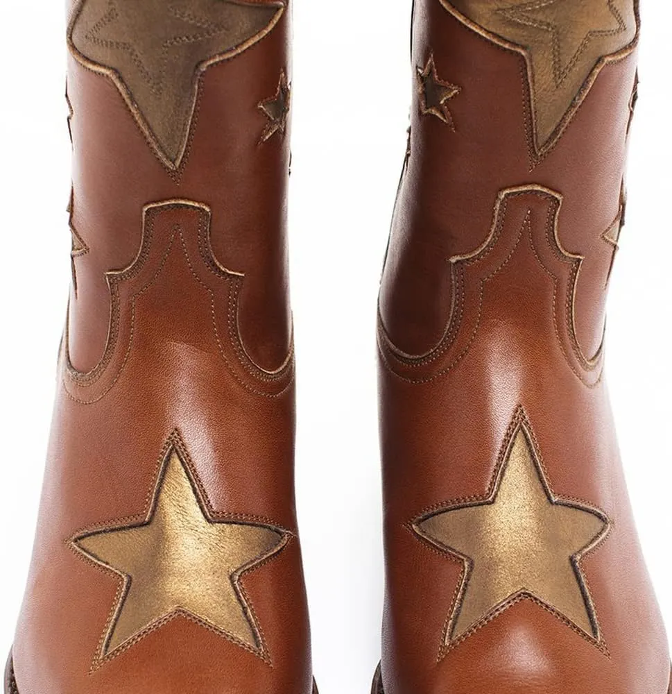 YIYA Women's Star Cowboy Boots Black and White Cowgirl Boots with White Stars Pointed Toe Chunky Low Heel Pull-On Wide Calf Western Embroidered Boots