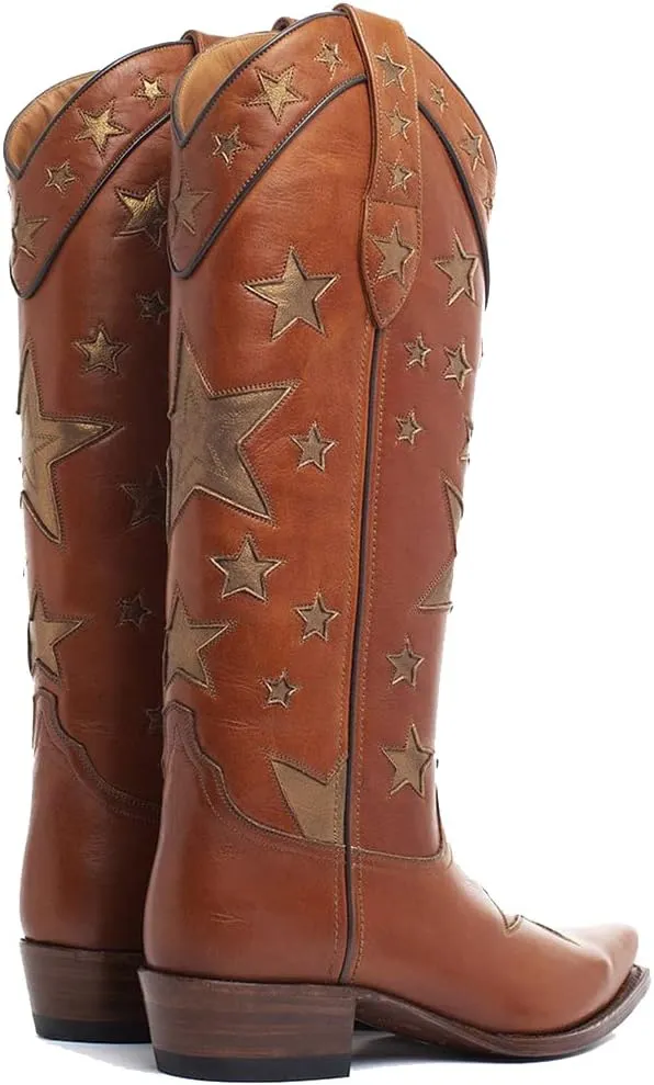 YIYA Women's Star Cowboy Boots Black and White Cowgirl Boots with White Stars Pointed Toe Chunky Low Heel Pull-On Wide Calf Western Embroidered Boots