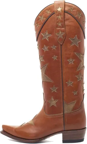 YIYA Women's Star Cowboy Boots Black and White Cowgirl Boots with White Stars Pointed Toe Chunky Low Heel Pull-On Wide Calf Western Embroidered Boots