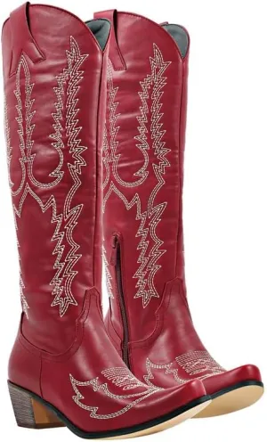 Yolkomo Cowboy Boots for Women Red Western Cowgirl Boots, Pointed Toe, Mid Calf, Knee High