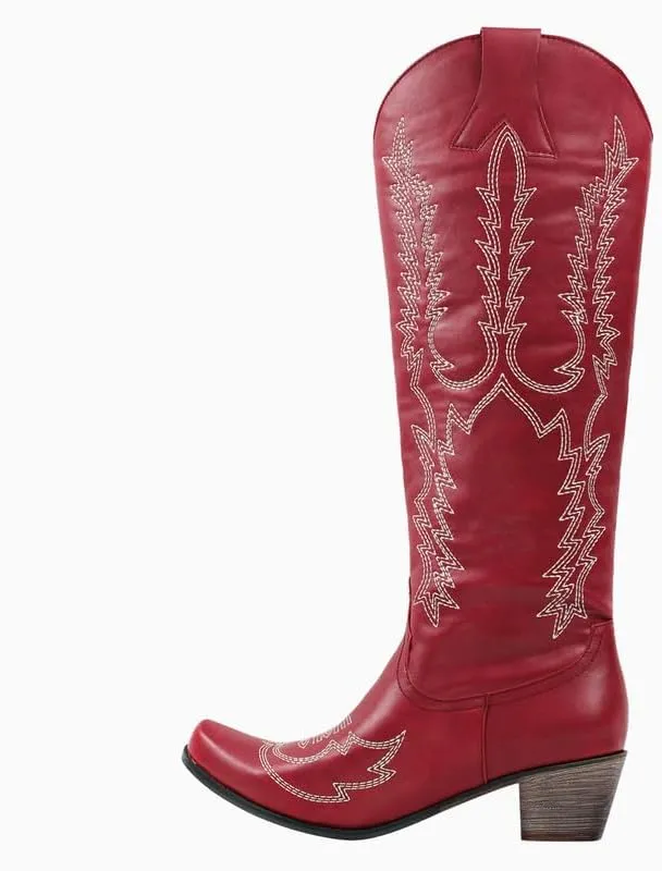 Yolkomo Cowboy Boots for Women Red Western Cowgirl Boots, Pointed Toe, Mid Calf, Knee High