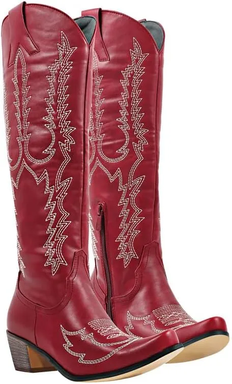 Yolkomo Cowboy Boots for Women Red Western Cowgirl Boots, Pointed Toe, Mid Calf, Knee High
