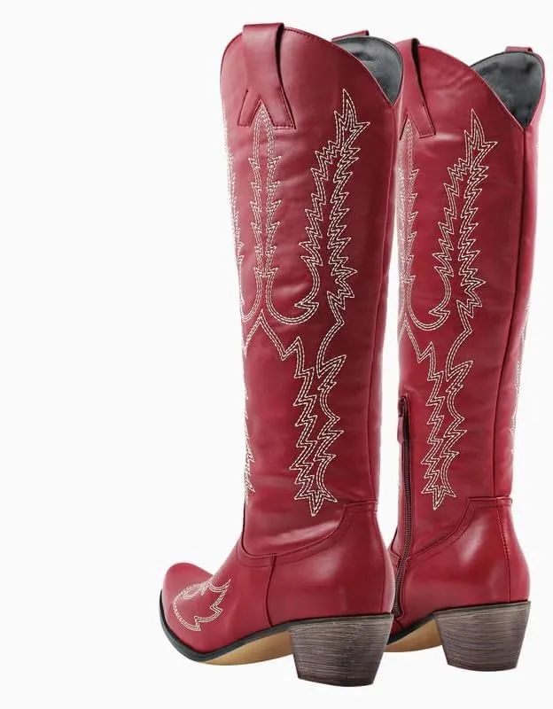 Yolkomo Cowboy Boots for Women Red Western Cowgirl Boots, Pointed Toe, Mid Calf, Knee High