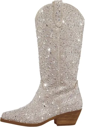 Yolkomo Cowboy Boots For Women Wide Calf Glitter Rhinestone Cowgirl Boots