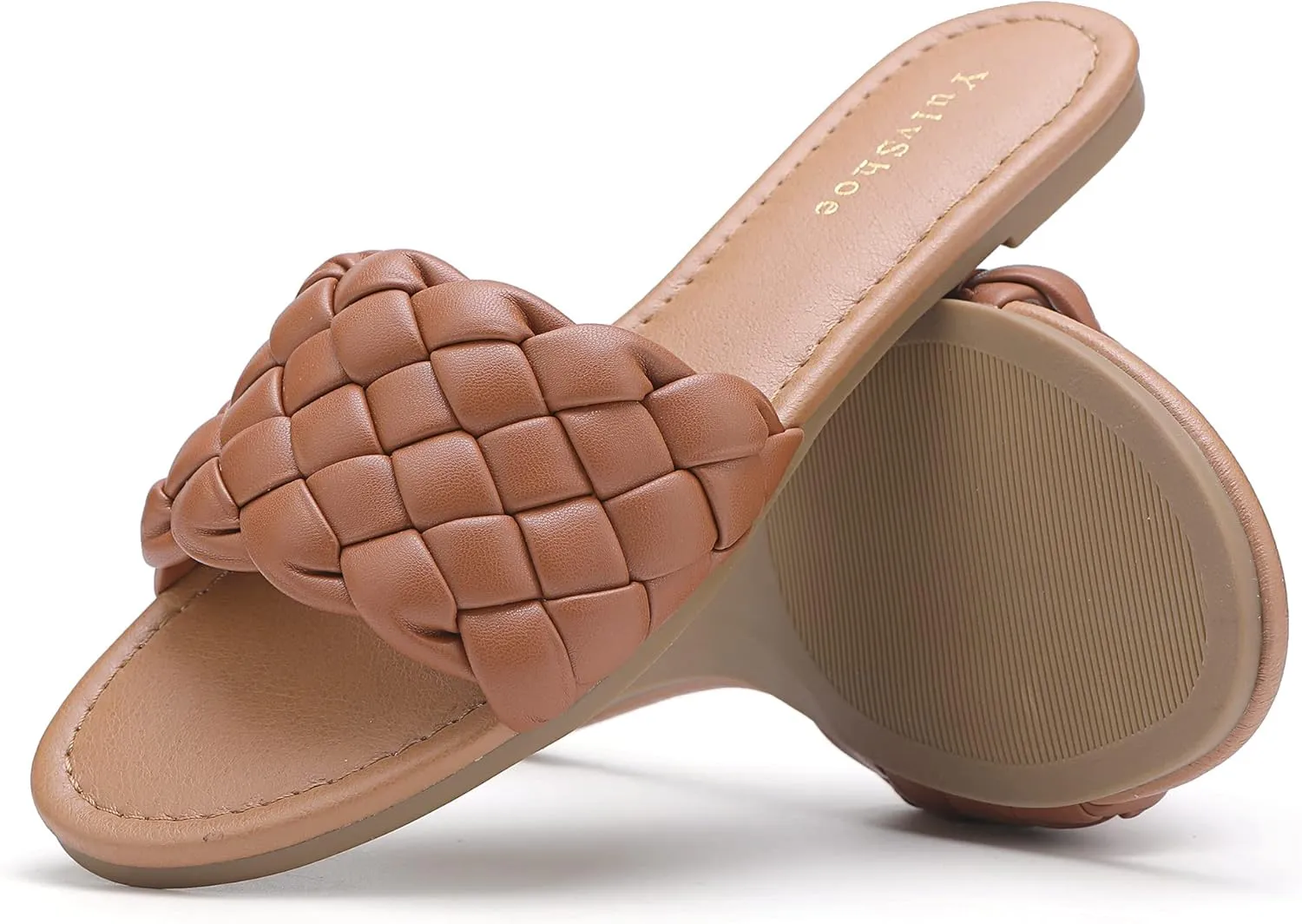 YULVSHOE Women's Braided Flat Sandals Fashion Woven Open Toe Slip On Slides Strappy Beach Sandals Slippers For Summer