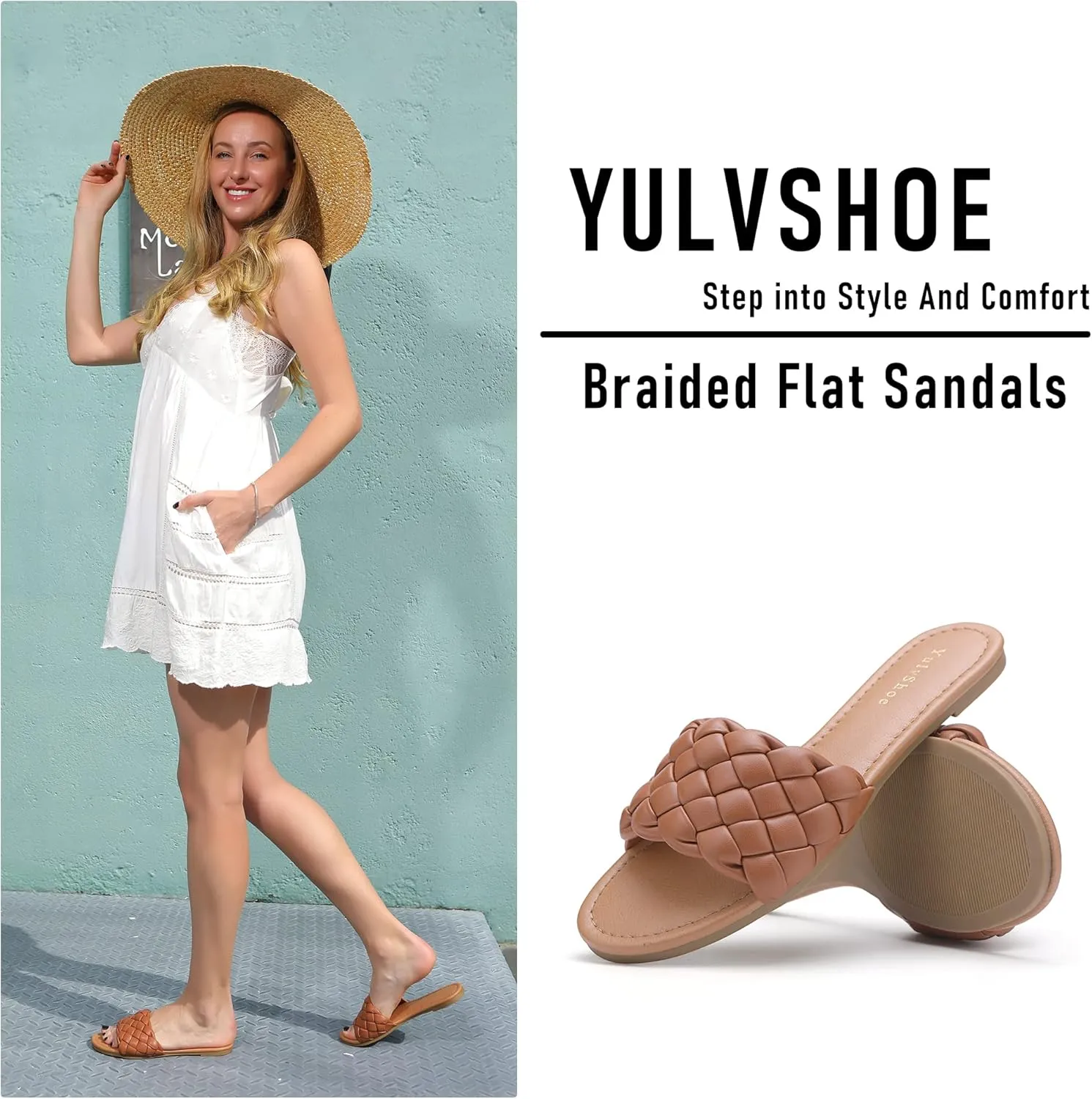 YULVSHOE Women's Braided Flat Sandals Fashion Woven Open Toe Slip On Slides Strappy Beach Sandals Slippers For Summer