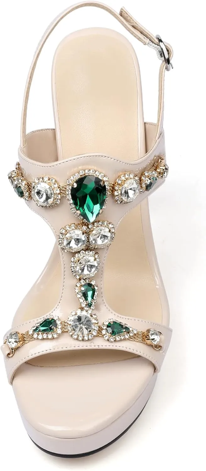 Zamikoo Heeled Sandals for women Platform Rhinestone High Heel Open Toe Stiletto Slingback Sandals Ankle Strap Dress Shoes for Wedding Party Event Evening