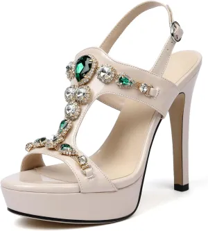 Zamikoo Heeled Sandals for women Platform Rhinestone High Heel Open Toe Stiletto Slingback Sandals Ankle Strap Dress Shoes for Wedding Party Event Evening