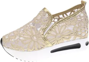 ZBYY Women Floral Breathable Sheer Mesh Sneakers Comfortable Lace Mesh Casual Shoes Hidden Wedge Heel Slip On Loafers