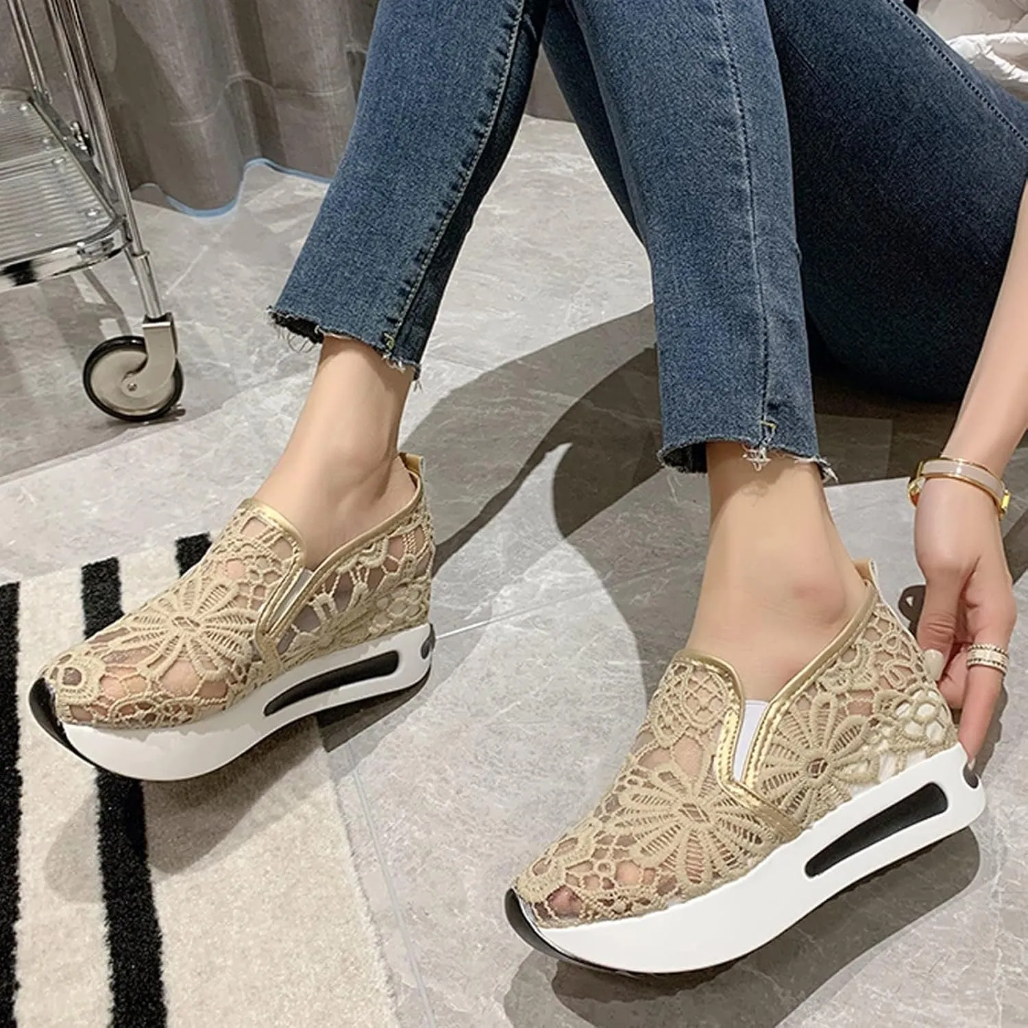 ZBYY Women Floral Breathable Sheer Mesh Sneakers Comfortable Lace Mesh Casual Shoes Hidden Wedge Heel Slip On Loafers