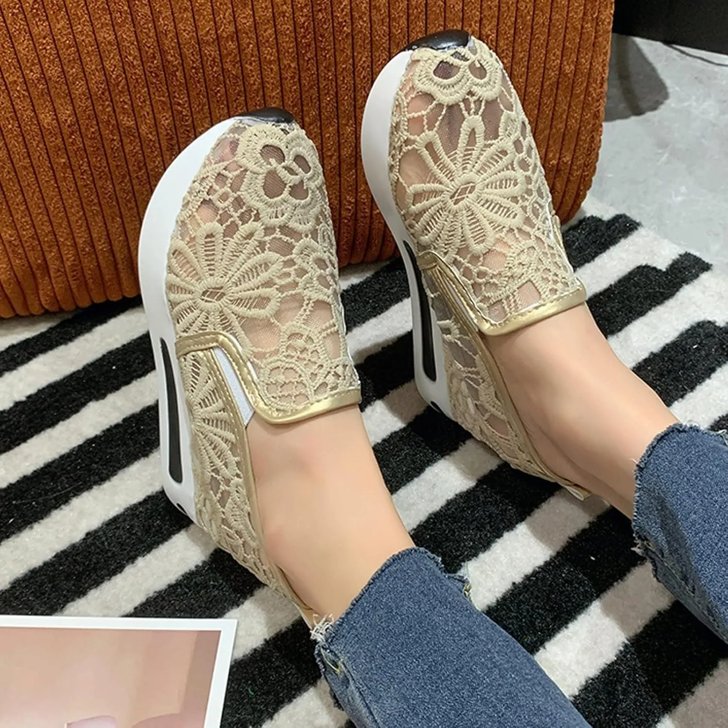 ZBYY Women Floral Breathable Sheer Mesh Sneakers Comfortable Lace Mesh Casual Shoes Hidden Wedge Heel Slip On Loafers