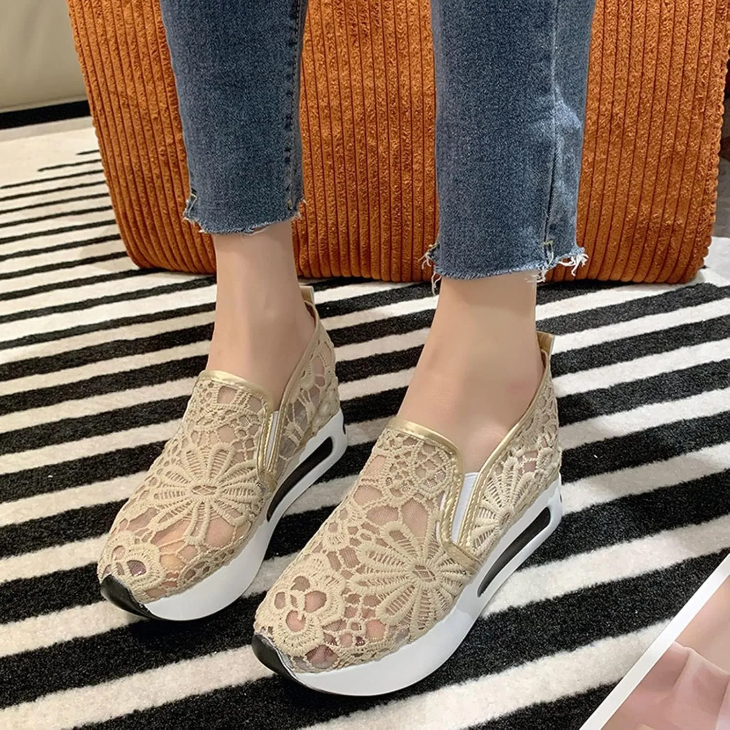 ZBYY Women Floral Breathable Sheer Mesh Sneakers Comfortable Lace Mesh Casual Shoes Hidden Wedge Heel Slip On Loafers