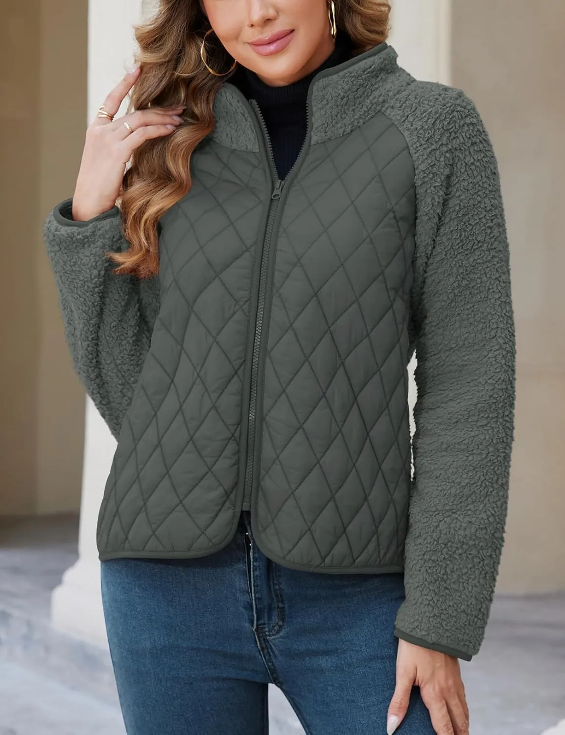 Zilcremo Women's Winter Quilted Jackets Patchwork Fuzzy Fleece Zip Up Jacket Long Sleeve Sherpa Coat Outerwear with Pockets