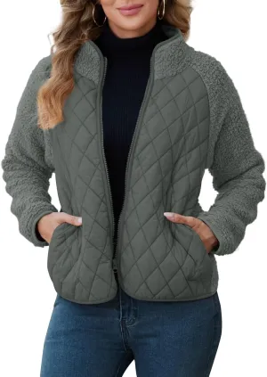 Zilcremo Women's Winter Quilted Jackets Patchwork Fuzzy Fleece Zip Up Jacket Long Sleeve Sherpa Coat Outerwear with Pockets