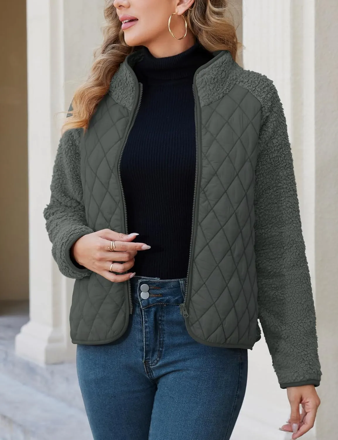 Zilcremo Women's Winter Quilted Jackets Patchwork Fuzzy Fleece Zip Up Jacket Long Sleeve Sherpa Coat Outerwear with Pockets
