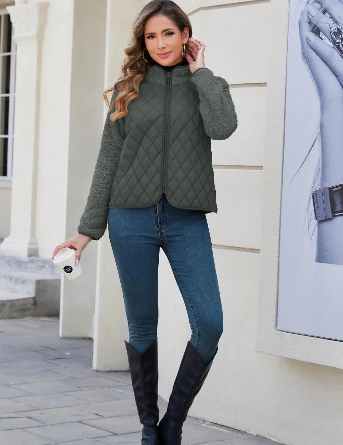 Zilcremo Women's Winter Quilted Jackets Patchwork Fuzzy Fleece Zip Up Jacket Long Sleeve Sherpa Coat Outerwear with Pockets