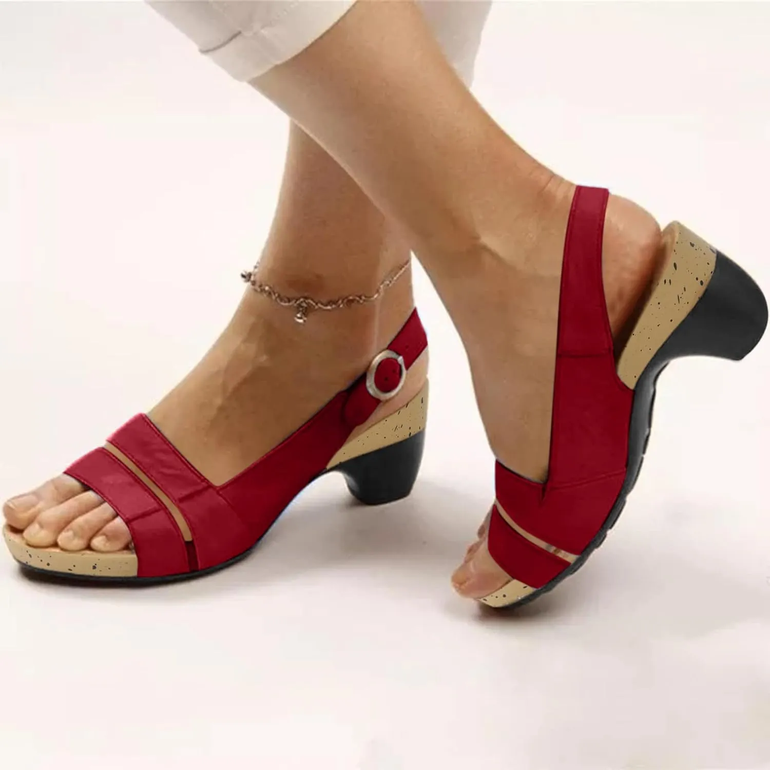 ZSpzx Chunky Heel Sandals for Women 2025 Round Toe Low Block Hollow Out Slingback Strappy Sandal Ladies Wide Width Summer Comfortable Backless Mules Dressy Shoes for Party Prom Daily Wear