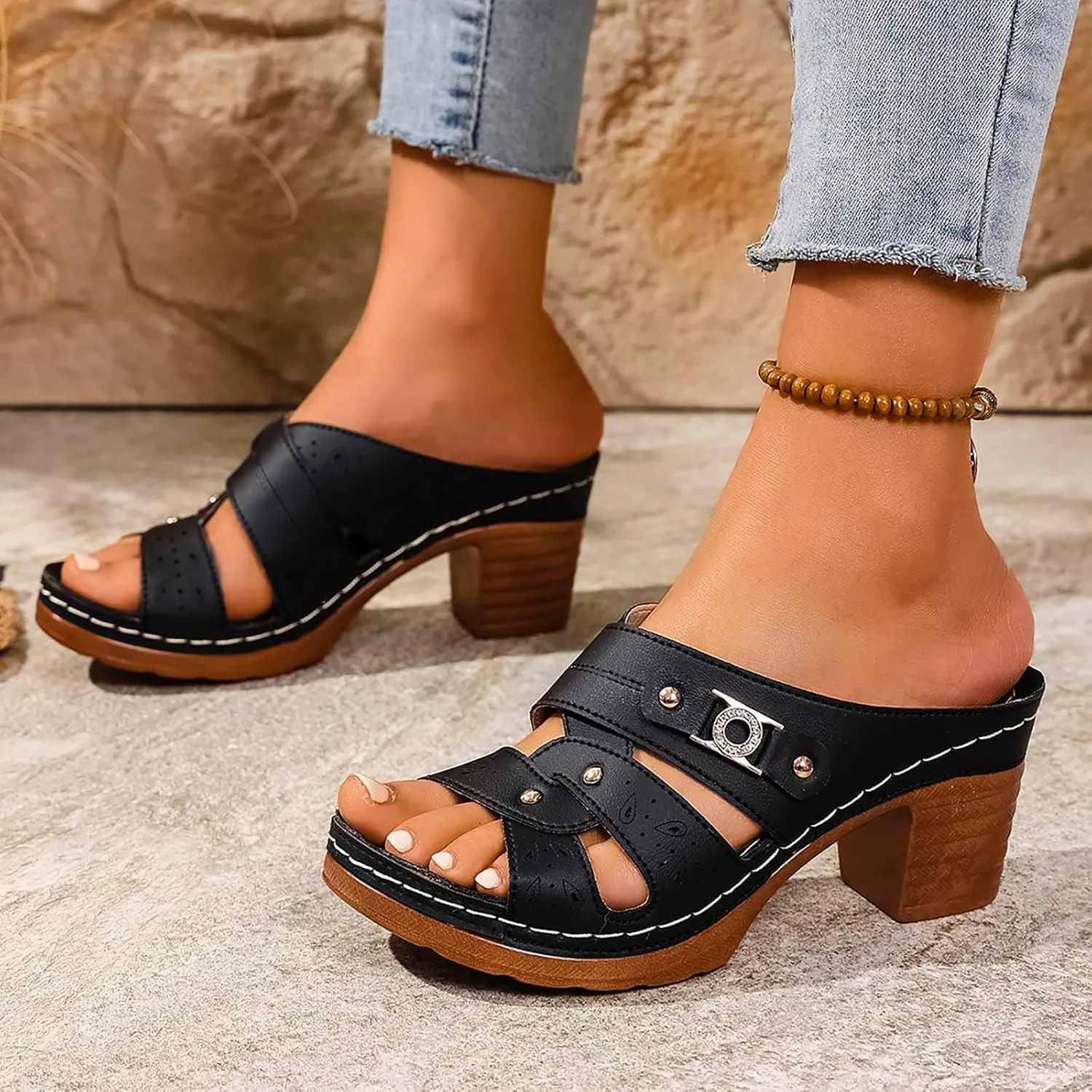ZSpzx Chunky Heels Platform Sandals for Women 2025 Arch Support Slip On Low Mid Heel Slide Block Sandal Summer Rivets Hollow Orthopedic Recovery Mules Casual Shoes Party Wedding Daily Work