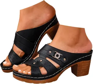 ZSpzx Chunky Heels Platform Sandals for Women 2025 Arch Support Slip On Low Mid Heel Slide Block Sandal Summer Rivets Hollow Orthopedic Recovery Mules Casual Shoes Party Wedding Daily Work