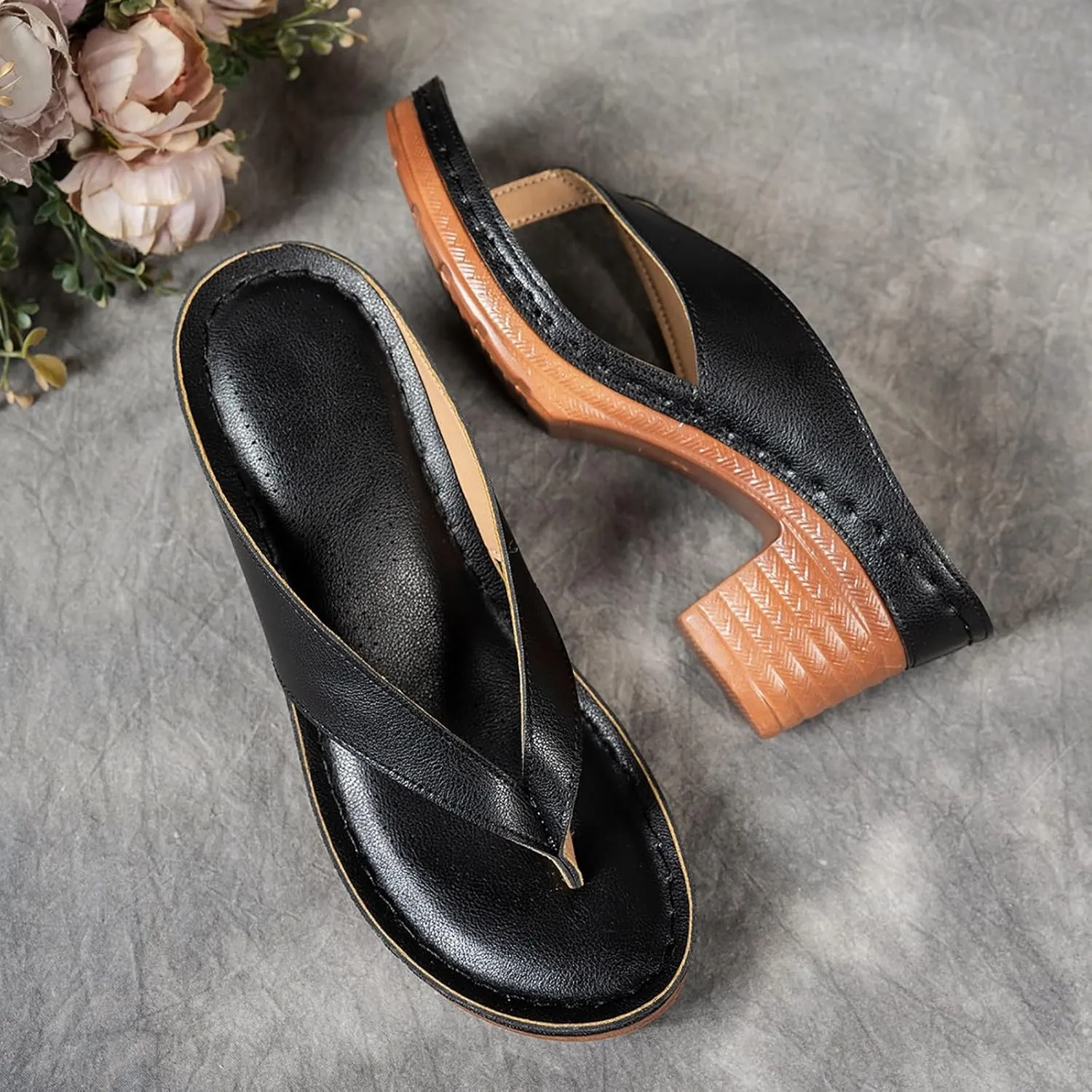 ZSpzx Women's Block Heels Sandals Slip On Clip Toe Flip Flops Chunky Backless Mules Recovery Orthopedic Sandal Summer Comfortable Cushion Footbed Casual Thongs for Walking Vacation Outdoor Indoor