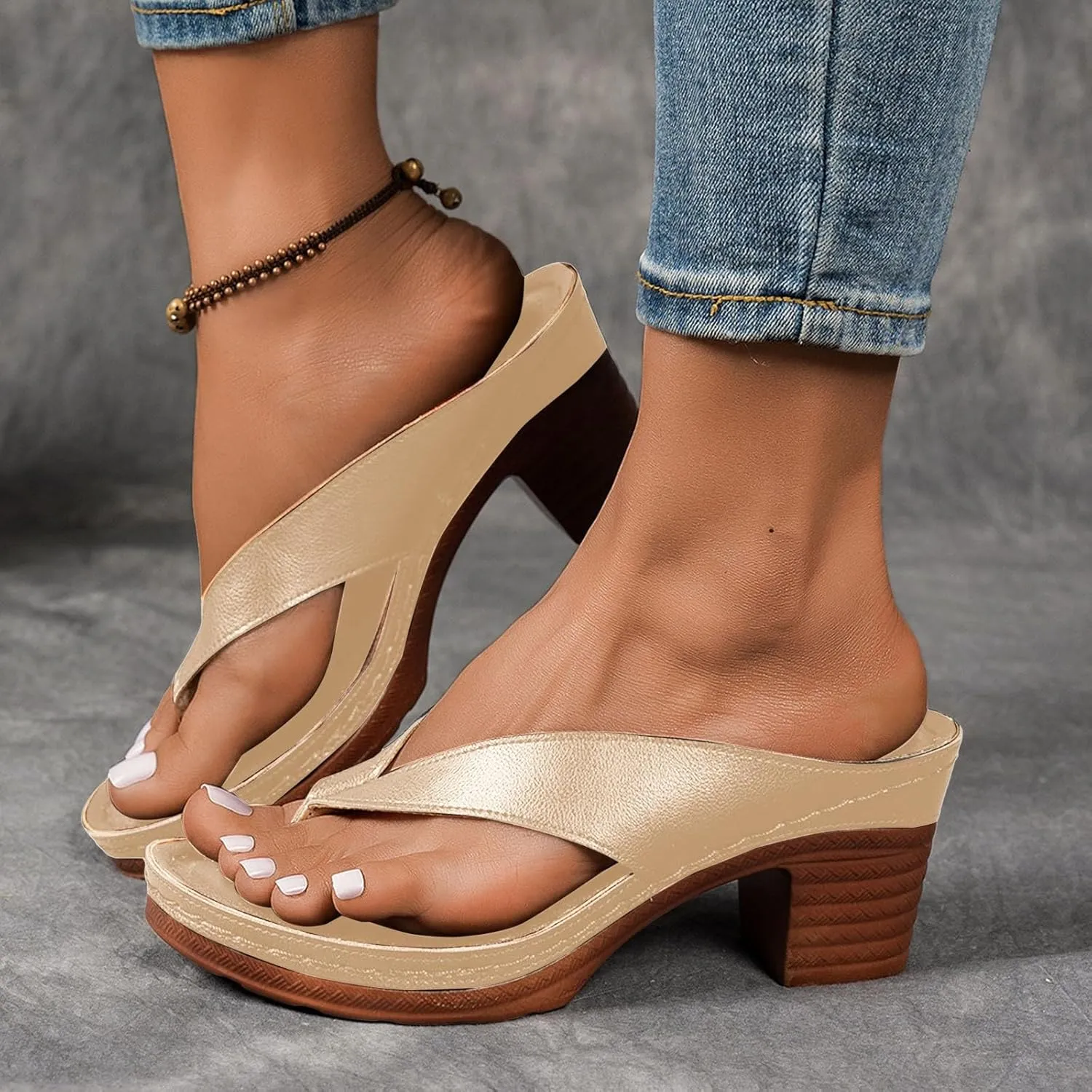 ZSpzx Women's Block Heels Sandals Slip On Clip Toe Flip Flops Chunky Backless Mules Recovery Orthopedic Sandal Summer Comfortable Cushion Footbed Casual Thongs for Walking Vacation Outdoor Indoor