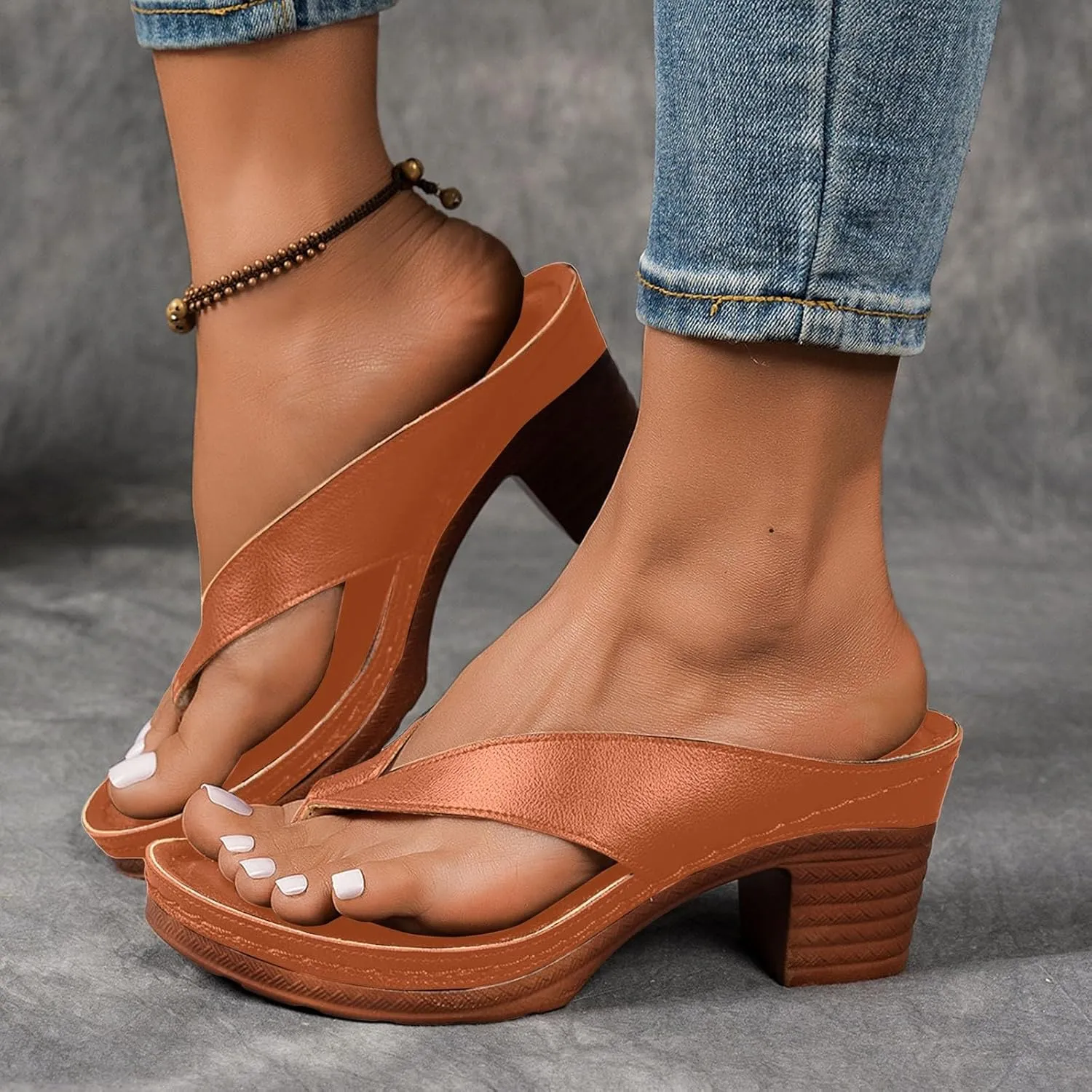 ZSpzx Women's Block Heels Sandals Slip On Clip Toe Flip Flops Chunky Backless Mules Recovery Orthopedic Sandal Summer Comfortable Cushion Footbed Casual Thongs for Walking Vacation Outdoor Indoor