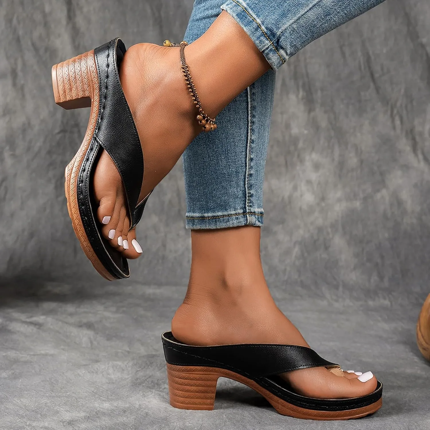 ZSpzx Women's Block Heels Sandals Slip On Clip Toe Flip Flops Chunky Backless Mules Recovery Orthopedic Sandal Summer Comfortable Cushion Footbed Casual Thongs for Walking Vacation Outdoor Indoor