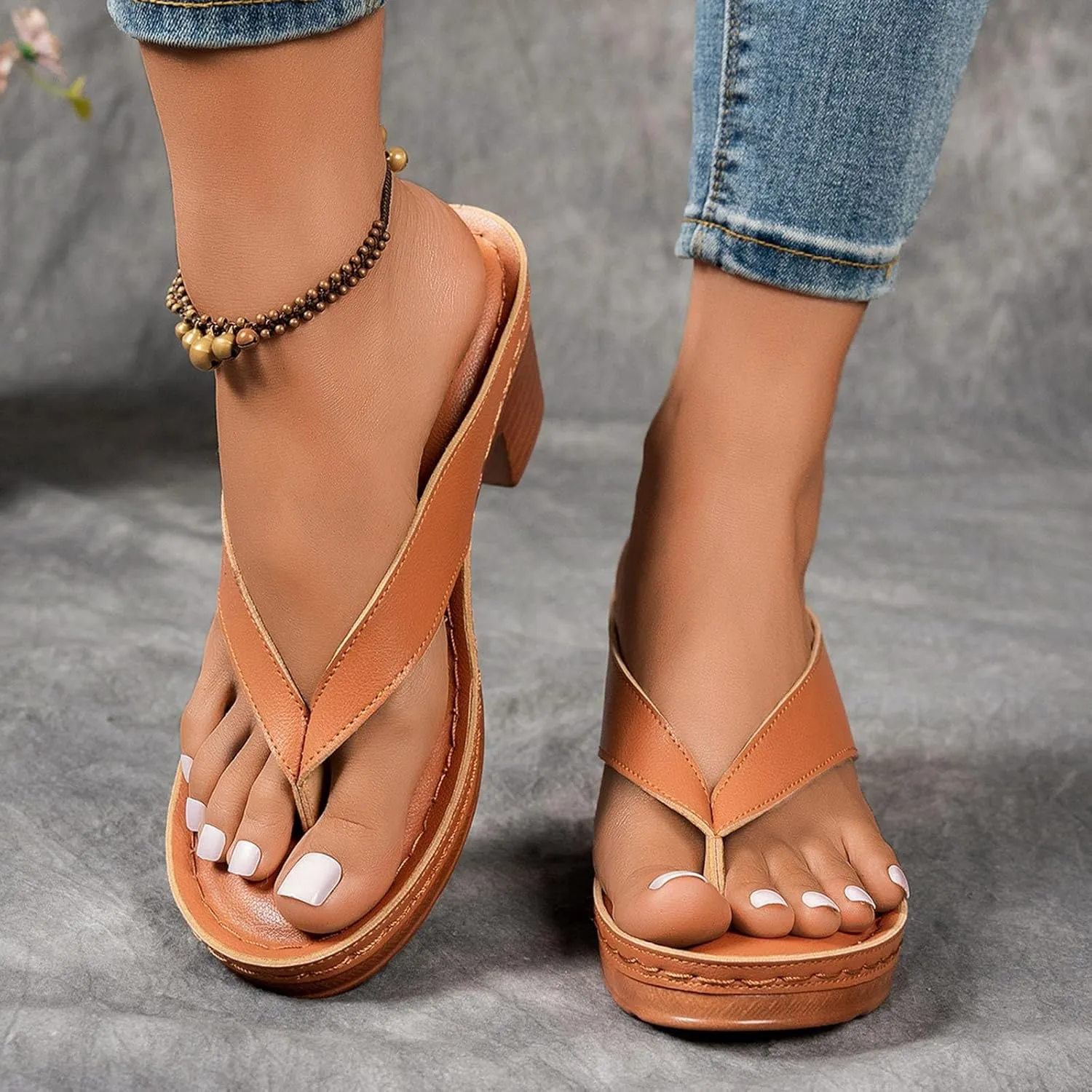 ZSpzx Women's Block Heels Sandals Slip On Clip Toe Flip Flops Chunky Backless Mules Recovery Orthopedic Sandal Summer Comfortable Cushion Footbed Casual Thongs for Walking Vacation Outdoor Indoor