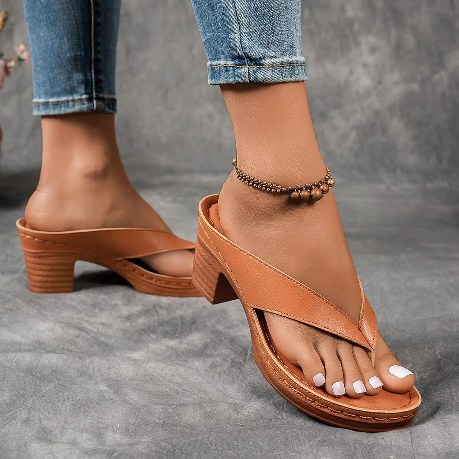ZSpzx Women's Block Heels Sandals Slip On Clip Toe Flip Flops Chunky Backless Mules Recovery Orthopedic Sandal Summer Comfortable Cushion Footbed Casual Thongs for Walking Vacation Outdoor Indoor