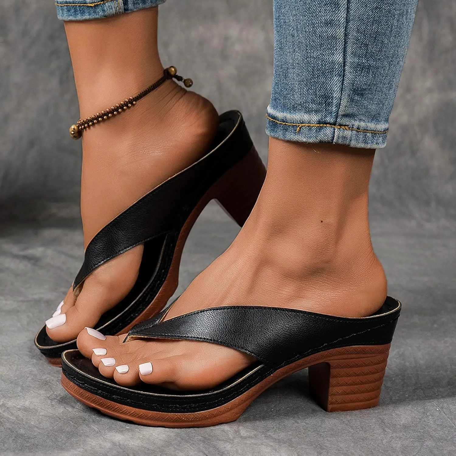 ZSpzx Women's Block Heels Sandals Slip On Clip Toe Flip Flops Chunky Backless Mules Recovery Orthopedic Sandal Summer Comfortable Cushion Footbed Casual Thongs for Walking Vacation Outdoor Indoor