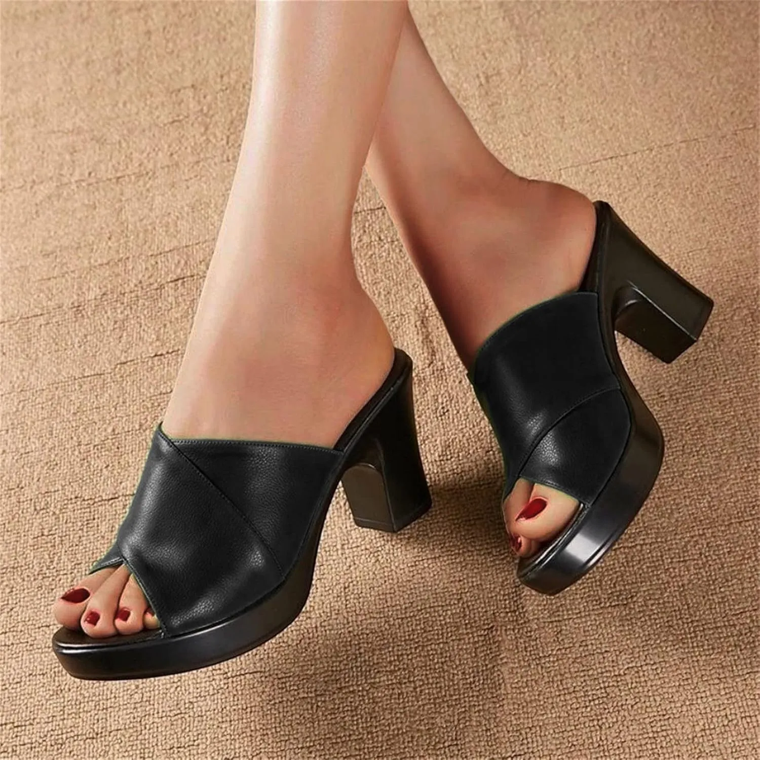 ZSpzx Women's Chunky Heels Sandals Slip On Peep Toe X-Strap Orthopedic Plantar Fasciitis Recovery Mules Ladies Low Heeled Cushion Footbed Casual Dressy Fashion Sandal for Daily Wear Outdoor Indoor