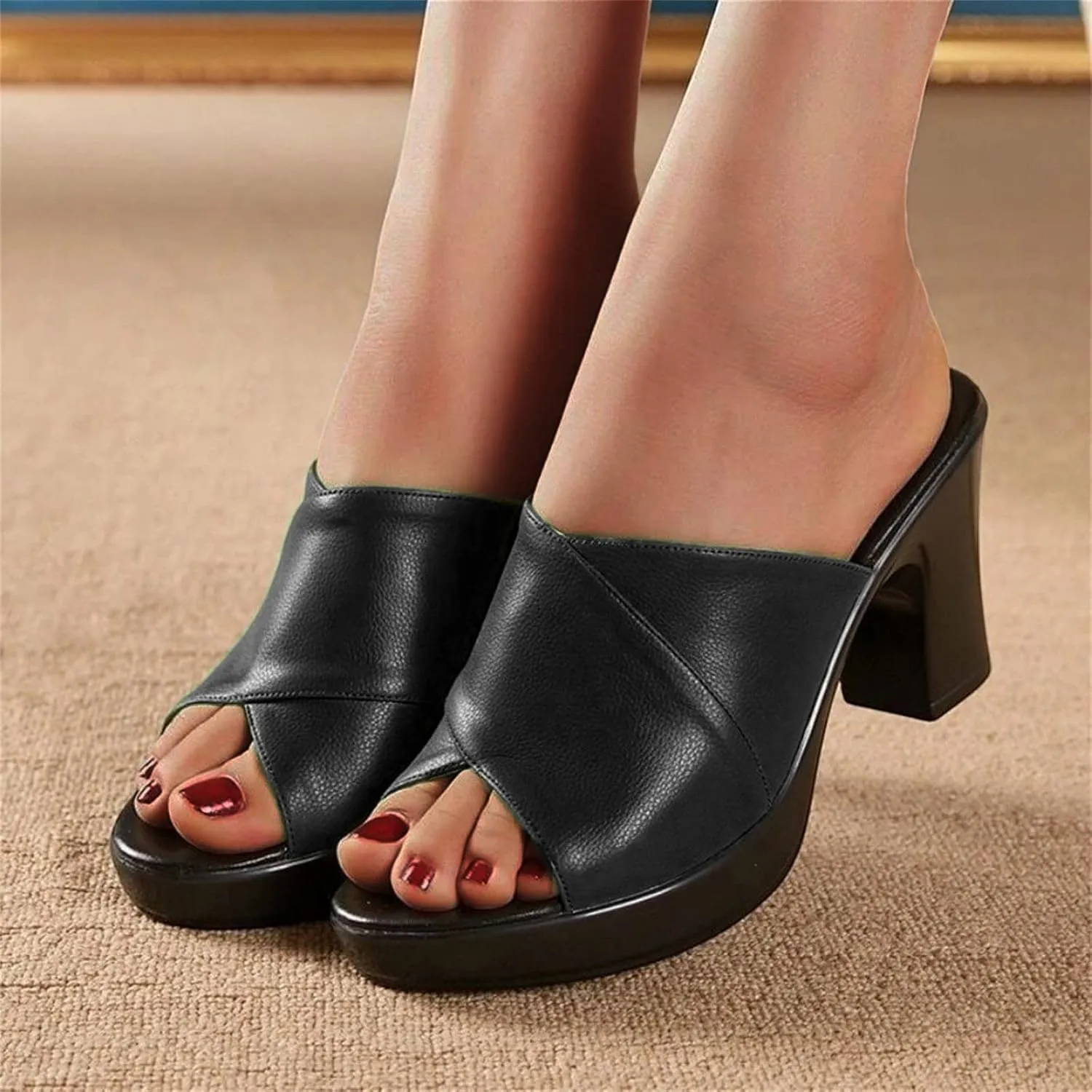ZSpzx Women's Chunky Heels Sandals Slip On Peep Toe X-Strap Orthopedic Plantar Fasciitis Recovery Mules Ladies Low Heeled Cushion Footbed Casual Dressy Fashion Sandal for Daily Wear Outdoor Indoor