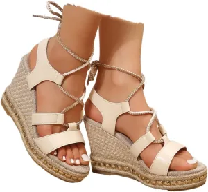 ZSpzx Women's Lace up Open Toe Wedges Sandals Strappy Slingback Platform Heels Sandal for Women 2025 Womens Shoes Tie Up Summer Slip on Dressy Comfortable Sexy Ankle Strap Crisscross Shoes