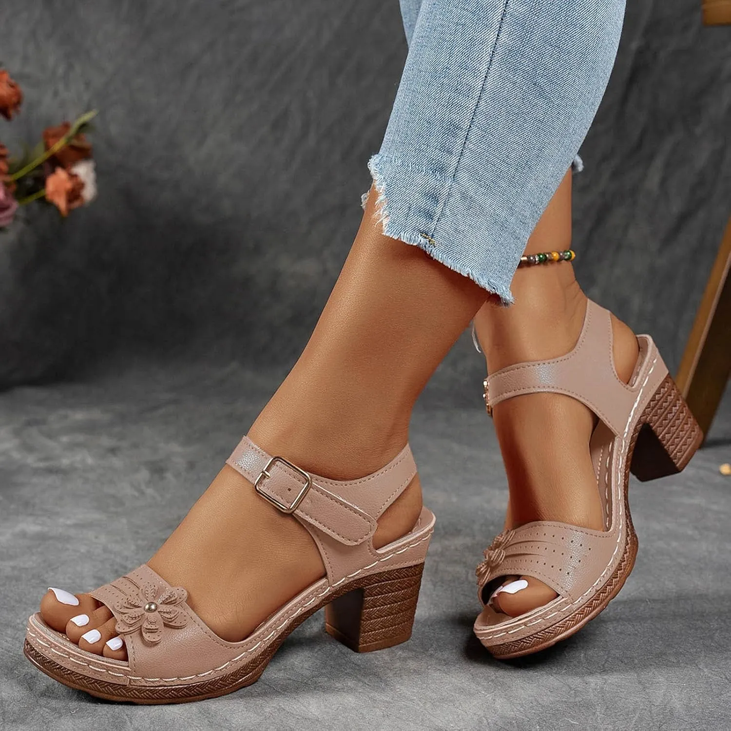 ZSpzx Women's Peep Toe Block Sandals Mid High Chunky T-strap Strappy Flower Sandal Dressy Slingback Backless Mules Shoes Ladies Comfortable walking Cushion Footbed Shoes for Daily Wear Outdoor Indoor