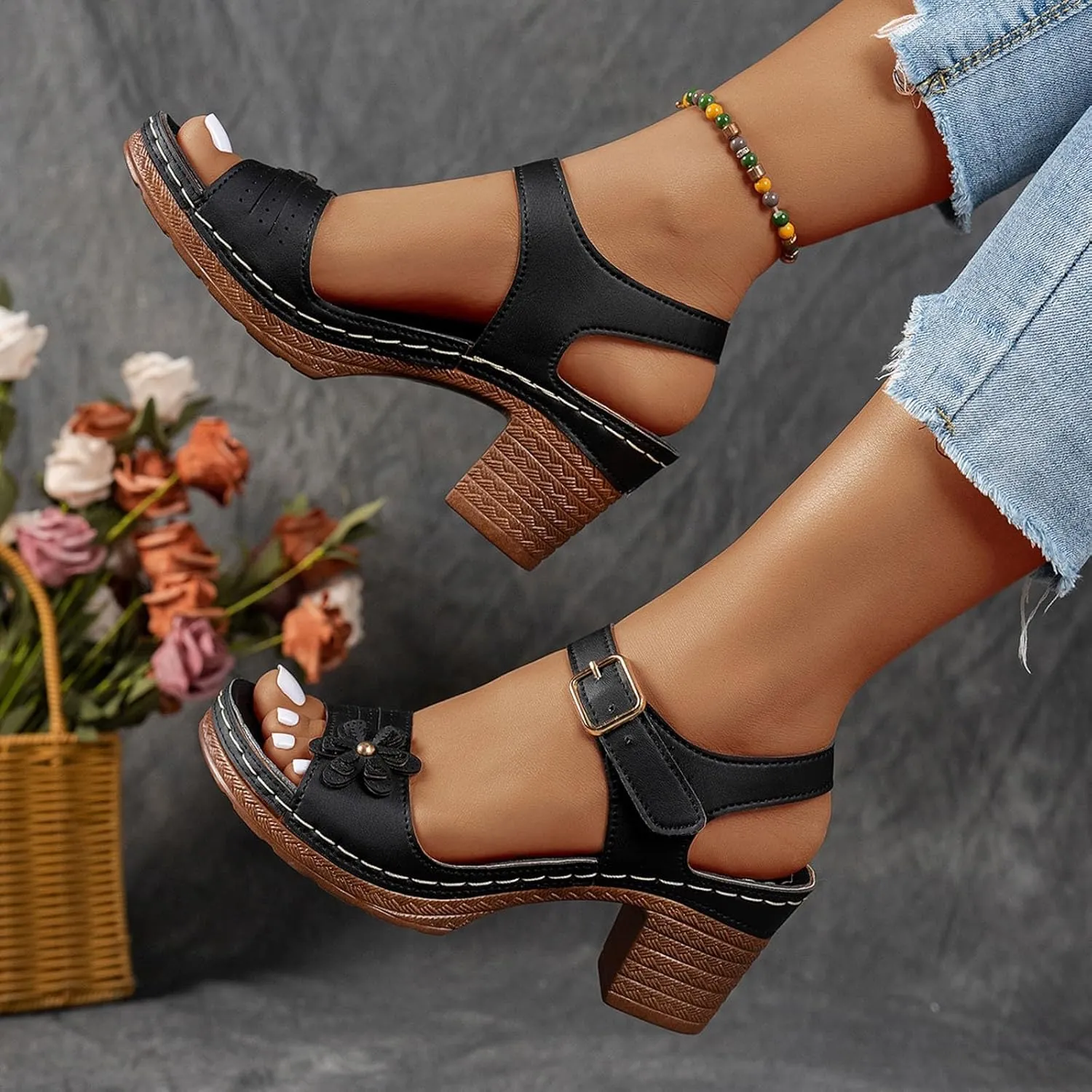 ZSpzx Women's Peep Toe Block Sandals Mid High Chunky T-strap Strappy Flower Sandal Dressy Slingback Backless Mules Shoes Ladies Comfortable walking Cushion Footbed Shoes for Daily Wear Outdoor Indoor