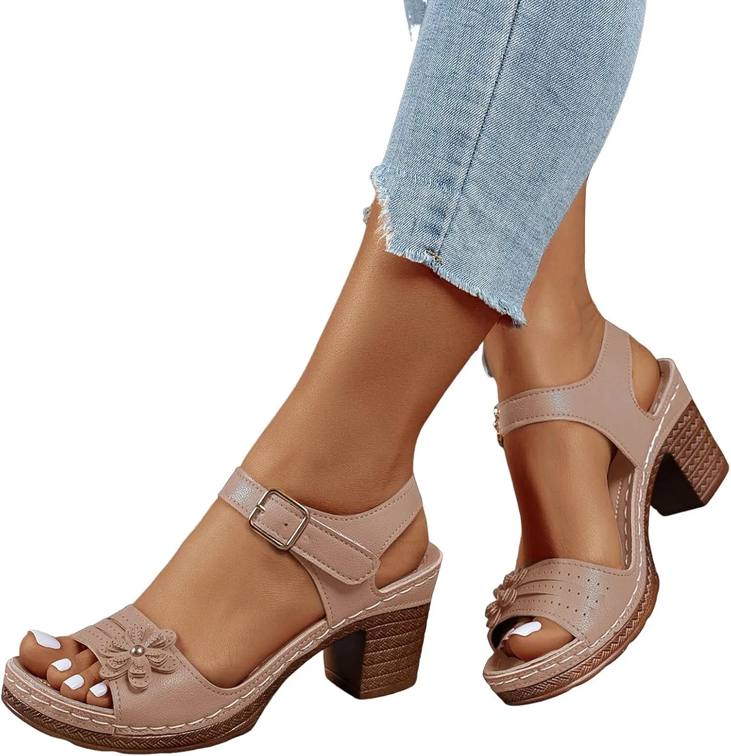 ZSpzx Women's Peep Toe Block Sandals Mid High Chunky T-strap Strappy Flower Sandal Dressy Slingback Backless Mules Shoes Ladies Comfortable walking Cushion Footbed Shoes for Daily Wear Outdoor Indoor