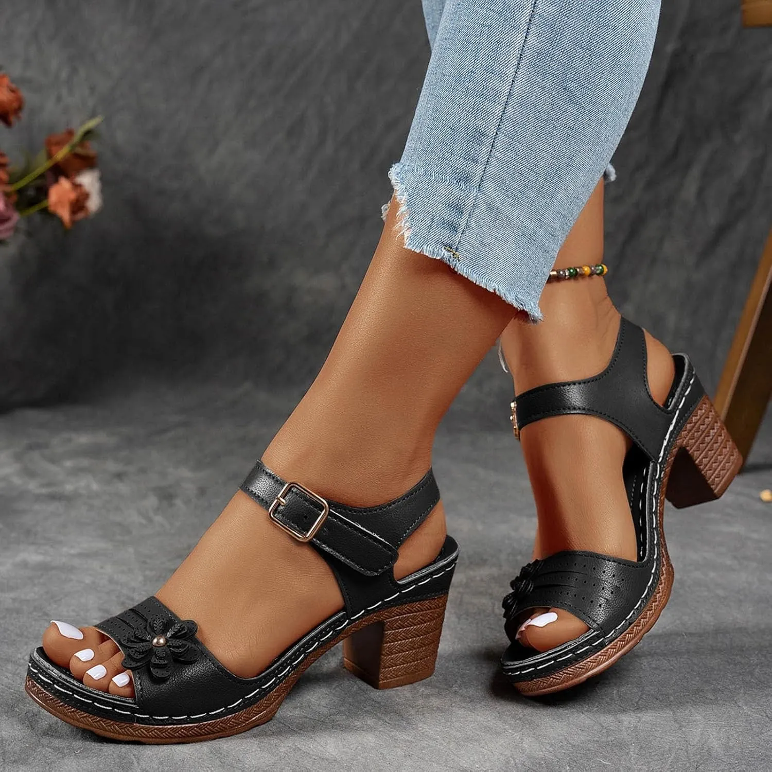 ZSpzx Women's Peep Toe Block Sandals Mid High Chunky T-strap Strappy Flower Sandal Dressy Slingback Backless Mules Shoes Ladies Comfortable walking Cushion Footbed Shoes for Daily Wear Outdoor Indoor