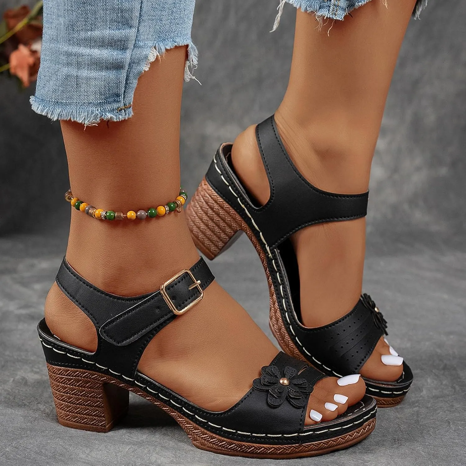 ZSpzx Women's Peep Toe Block Sandals Mid High Chunky T-strap Strappy Flower Sandal Dressy Slingback Backless Mules Shoes Ladies Comfortable walking Cushion Footbed Shoes for Daily Wear Outdoor Indoor