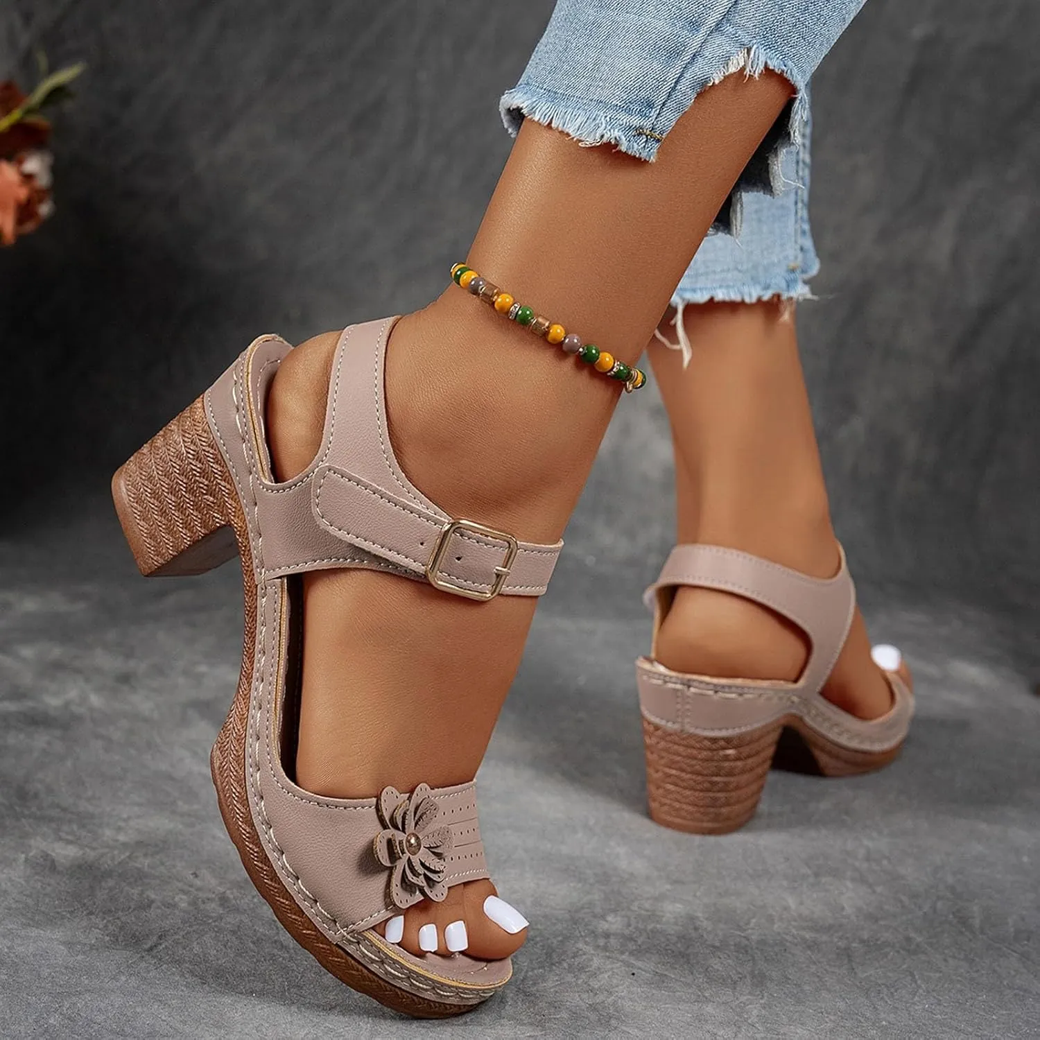 ZSpzx Women's Peep Toe Block Sandals Mid High Chunky T-strap Strappy Flower Sandal Dressy Slingback Backless Mules Shoes Ladies Comfortable walking Cushion Footbed Shoes for Daily Wear Outdoor Indoor