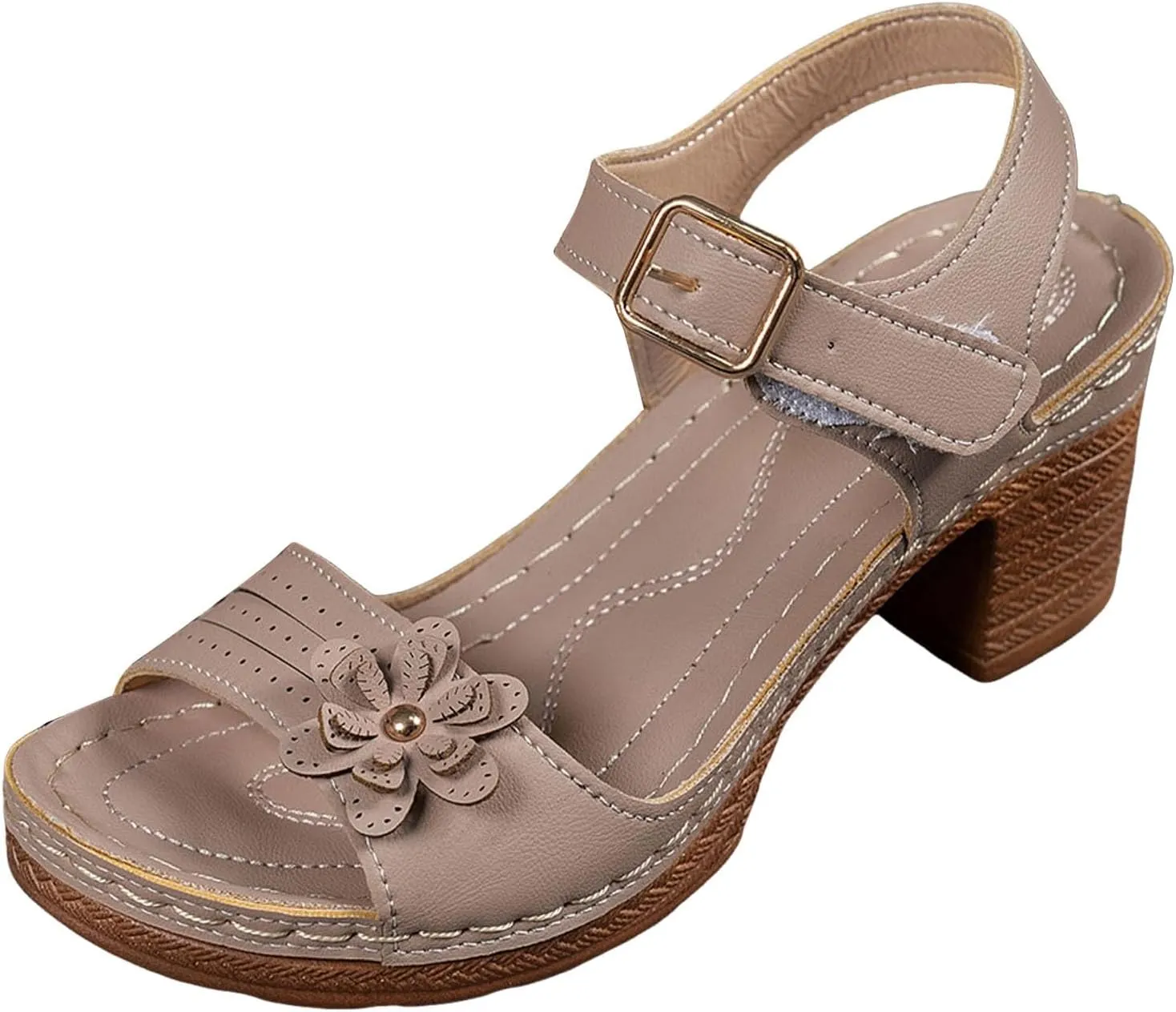 ZSpzx Women's Peep Toe Block Sandals Mid High Chunky T-strap Strappy Flower Sandal Dressy Slingback Backless Mules Shoes Ladies Comfortable walking Cushion Footbed Shoes for Daily Wear Outdoor Indoor