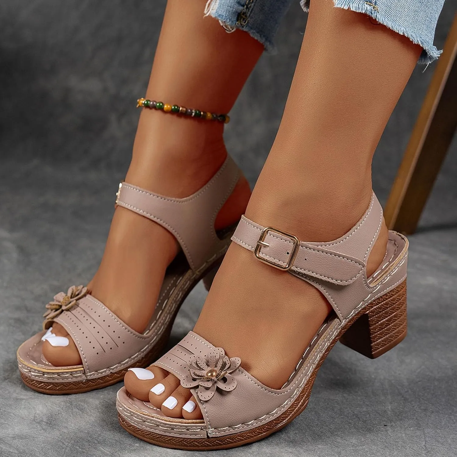 ZSpzx Women's Peep Toe Block Sandals Mid High Chunky T-strap Strappy Flower Sandal Dressy Slingback Backless Mules Shoes Ladies Comfortable walking Cushion Footbed Shoes for Daily Wear Outdoor Indoor
