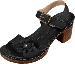 ZSpzx Women's Peep Toe Block Sandals Mid High Chunky T-strap Strappy Flower Sandal Dressy Slingback Backless Mules Shoes Ladies Comfortable walking Cushion Footbed Shoes for Daily Wear Outdoor Indoor