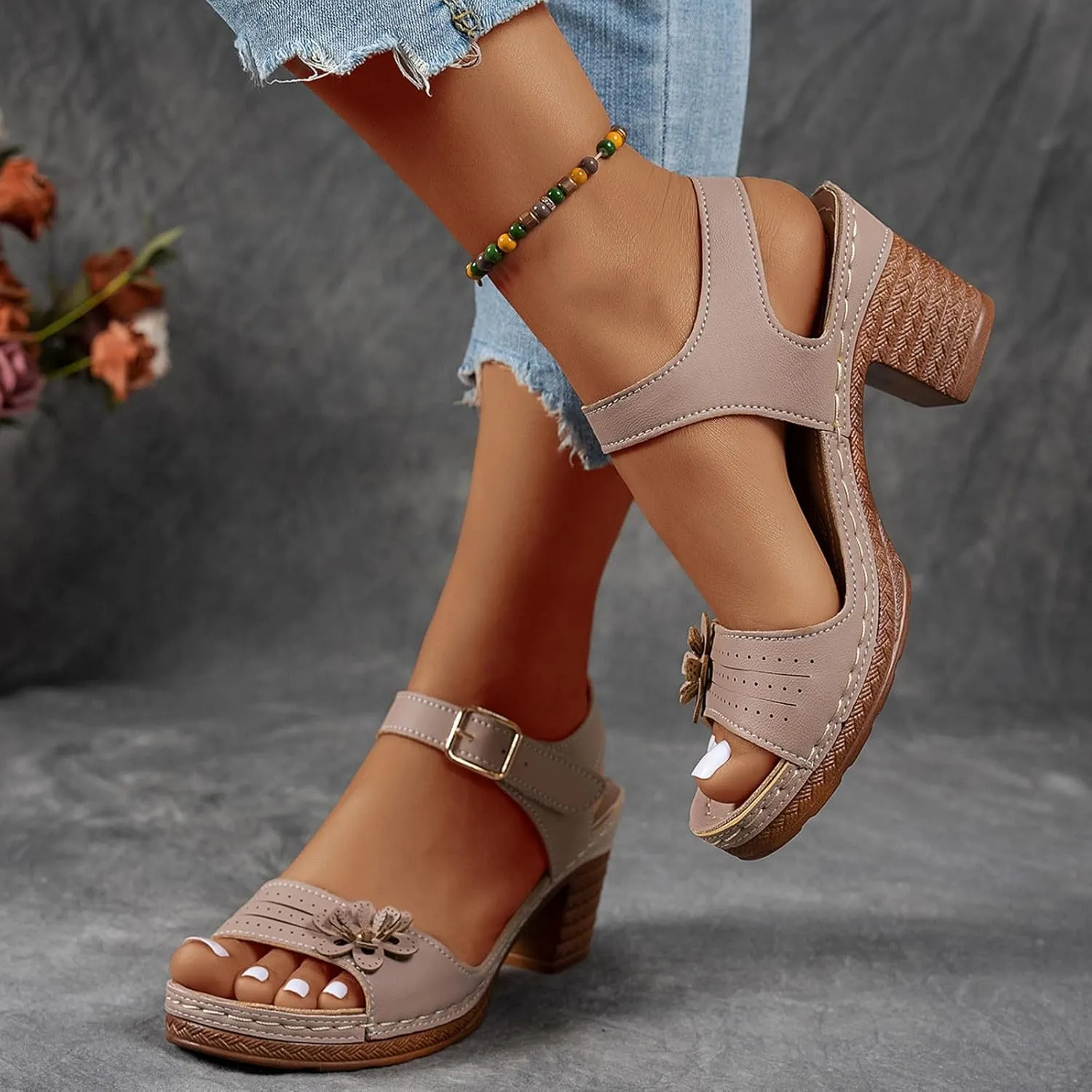 ZSpzx Women's Peep Toe Block Sandals Mid High Chunky T-strap Strappy Flower Sandal Dressy Slingback Backless Mules Shoes Ladies Comfortable walking Cushion Footbed Shoes for Daily Wear Outdoor Indoor