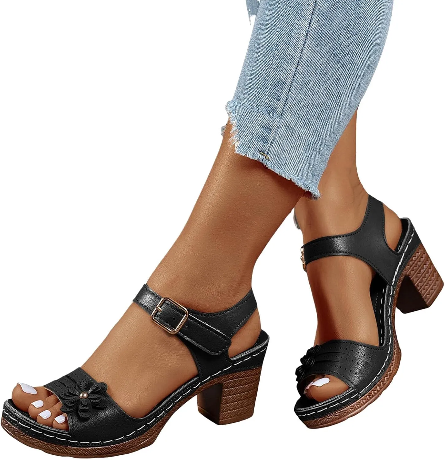 ZSpzx Women's Peep Toe Block Sandals Mid High Chunky T-strap Strappy Flower Sandal Dressy Slingback Backless Mules Shoes Ladies Comfortable walking Cushion Footbed Shoes for Daily Wear Outdoor Indoor
