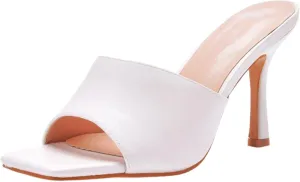 ZSpzx Women's Stiletto Heels Sandals Square Toe Slip On Mules Comfortable Casual Dressy Pumps Sandal Kitten Heel Slingback Non Slip Wide Width Slippers for Daily Wear Wedding Party