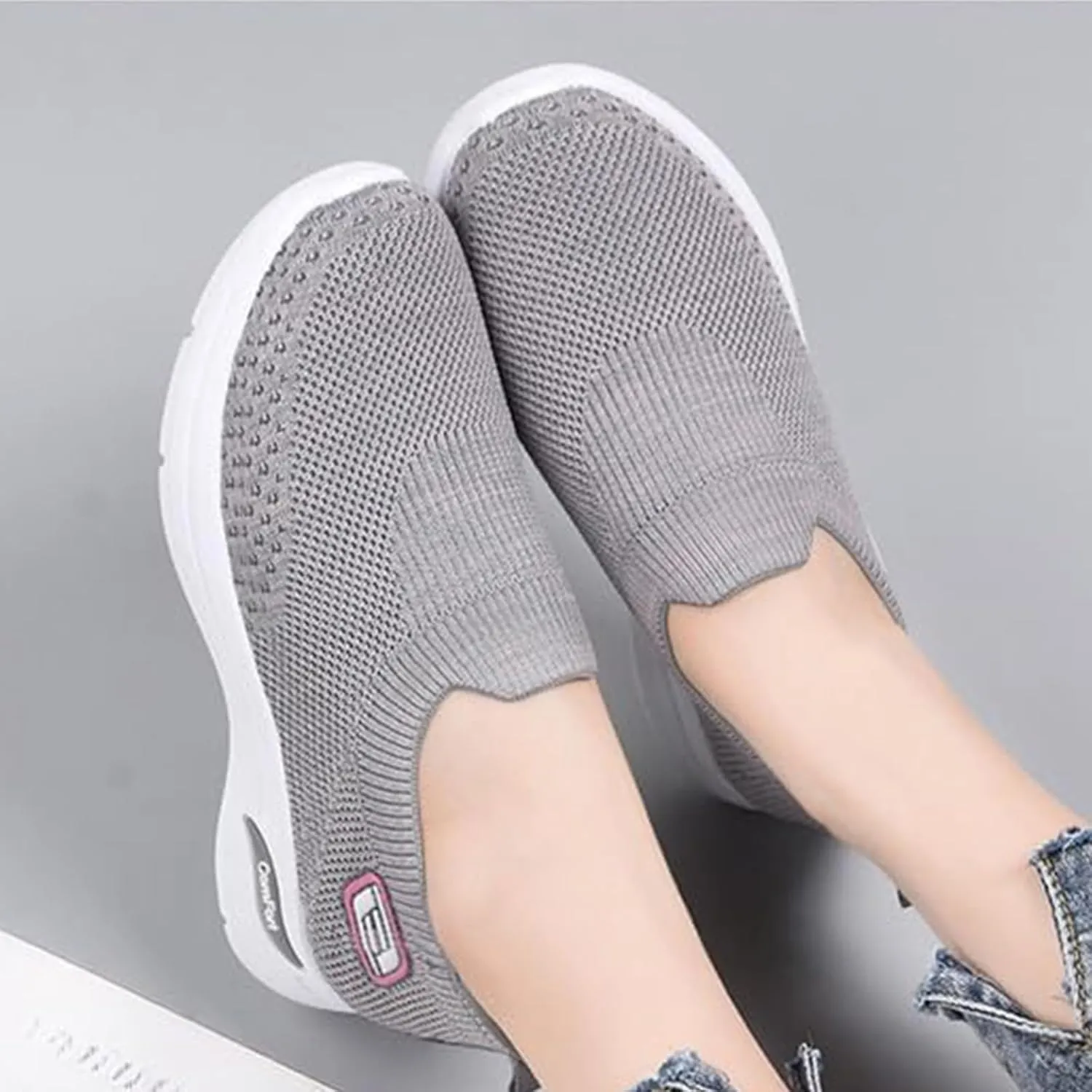 ZWRXW Orthopedic Sneakers for Women Summer Lightweight Casual Slip On Walking Shoes with Arch Support Breathable Soft Woven Shoe Non-Slip Mesh Up Footwear