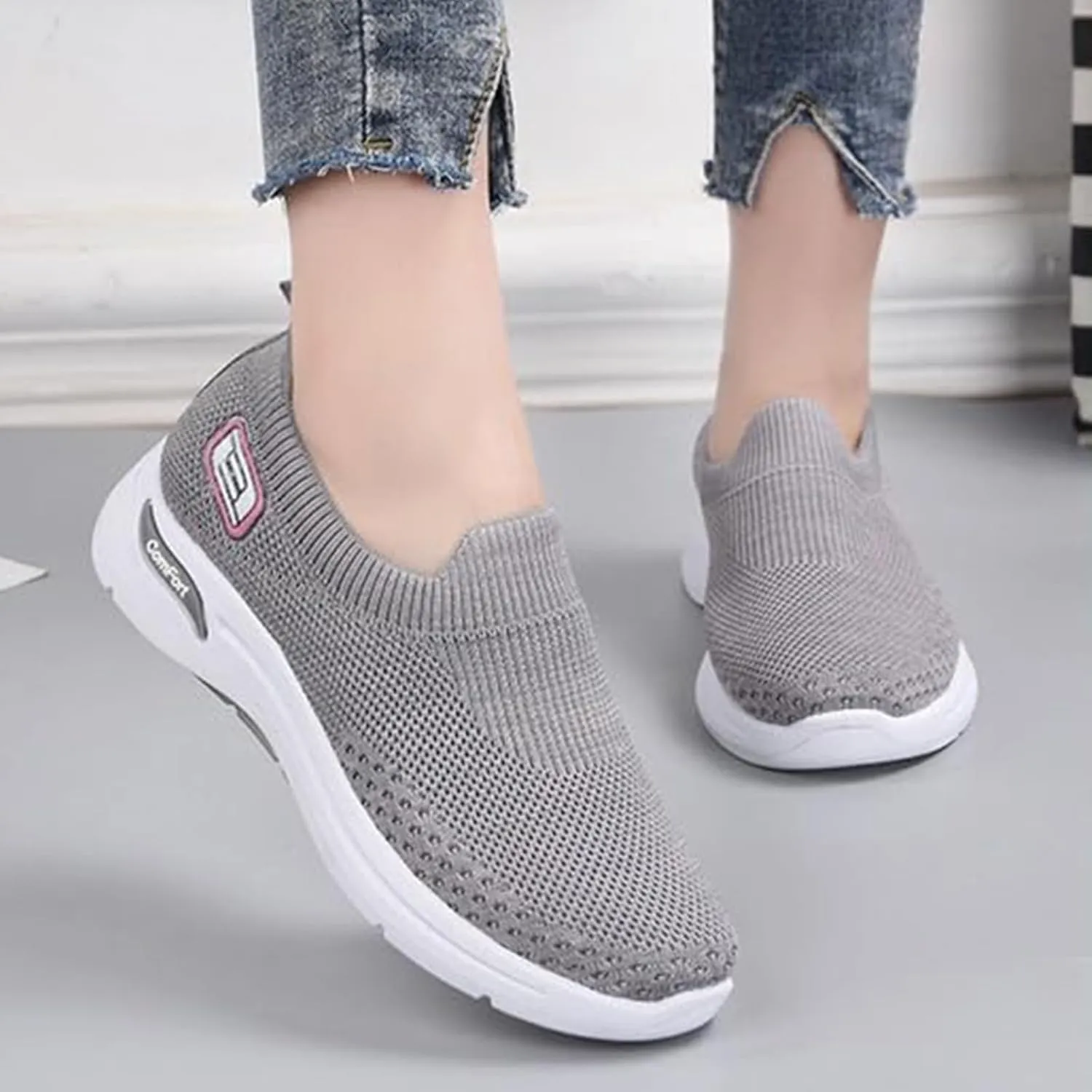 ZWRXW Orthopedic Sneakers for Women Summer Lightweight Casual Slip On Walking Shoes with Arch Support Breathable Soft Woven Shoe Non-Slip Mesh Up Footwear